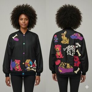 SILKSCAPES Vintage Art-to-Wear Dog Motif Bomber Jacket M Colorful Buttons Adult